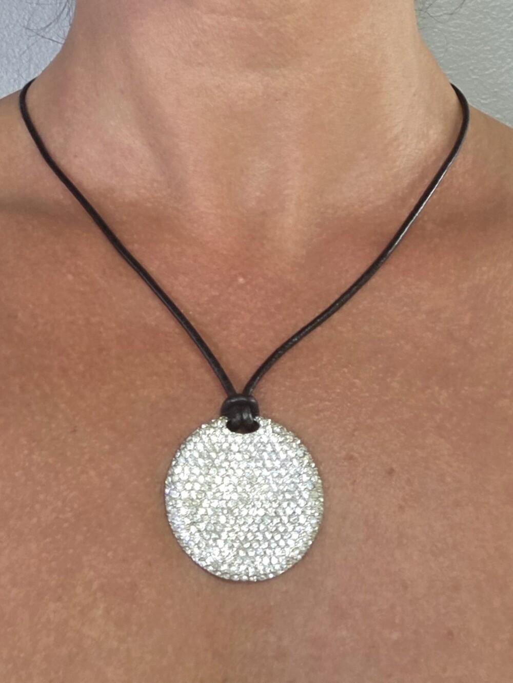 Serena Williams Crystal Pavé Round Pendant Necklace in Silvertone on Black Cord
